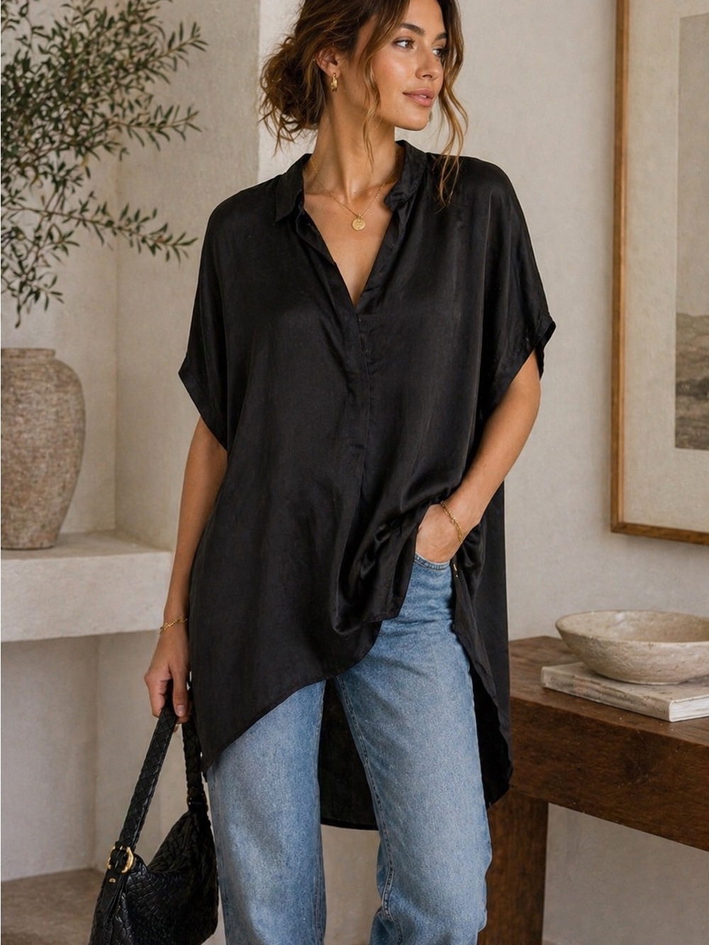 Vintage 100% Silk Black Tunic Blouse Oversized Minimalist Short Sleeve Top